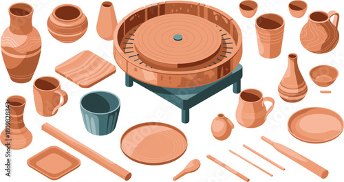 Isometric illustration of pottery wheel with handmade clay ceramics, cups, vases, plates, and crafting tools for artisan workshop design