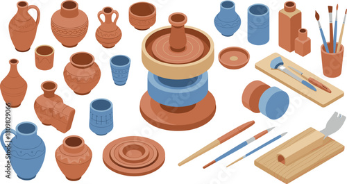 Isometric illustration of pottery wheel with handmade clay ceramics, cups, vases, plates, and crafting tools for artisan workshop design