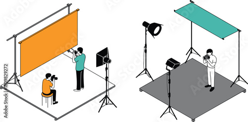 Isometric illustration of professional photography studio setup with photographers, lighting equipment, tripods, and colorful backdrops for creative photo production