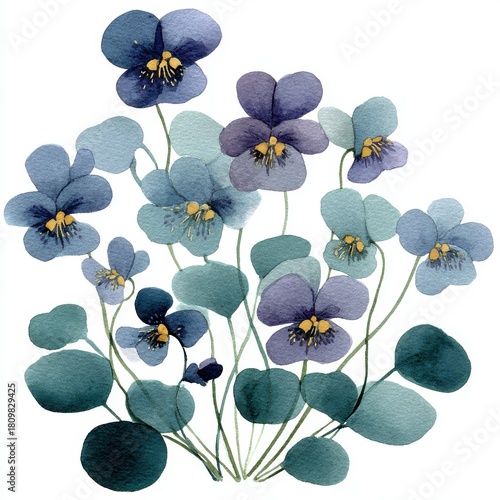 Watercolor painting of violet flowers, botanical illustration, close-up, artistic style, isolated on white background, natural light