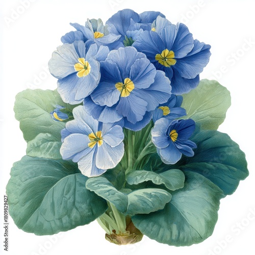 Blue primrose blossom botanical illustration close up view on white background vintage style floral arrangement