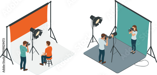 Isometric illustration of professional photography studio setup with photographers, lighting equipment, tripods, and colorful backdrops for creative photo production