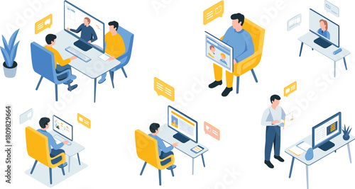 Isometric illustration of remote work communication, online meeting, virtual collaboration, digital teamwork, video conference, business technology, online office workspace