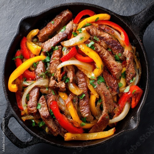 Overhead shot of sizzling beef fajitas with colorful bell peppers and onions in a cast iron skillet on a dark surface restaurant style