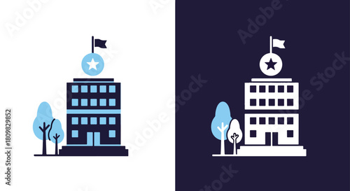Two buildings with flags on top - Vector icon symbol for website - Icon vector - Blue icon vector - Line and glyph solid icon and logo template