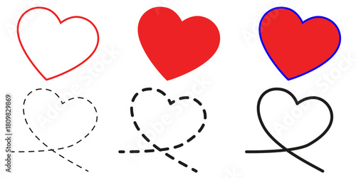 Set of heart icons and line art hearts with dashed, outline, and filled styles, isolated on transparent background