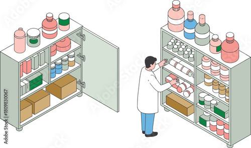 Isometric illustration of scientists organizing laboratory storage cabinets with chemicals, boxes, and glass bottles in research facility