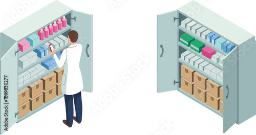 Isometric illustration of scientists organizing laboratory storage cabinets with chemicals, boxes, and glass bottles in research facility