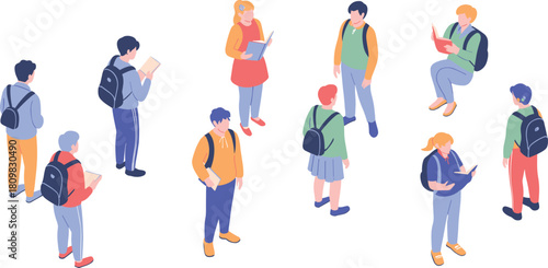 Isometric illustration of students standing and reading with backpacks, modern education concept showing diverse learners studying together on campus