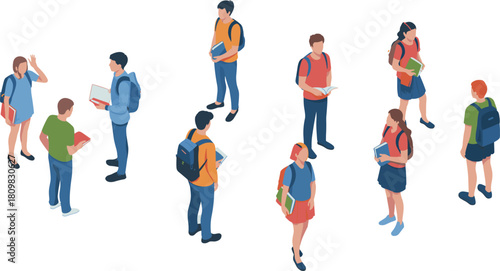 Isometric illustration of students standing and reading with backpacks, modern education concept showing diverse learners studying together on campus
