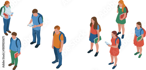 Isometric illustration of students standing and reading with backpacks, modern education concept showing diverse learners studying together on campus
