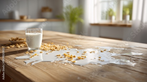 Glass of milk spilled on wooden table with scattered cereal, creating a messy yet inviting breakfast scene in a bright kitchen atmosphere with natural light