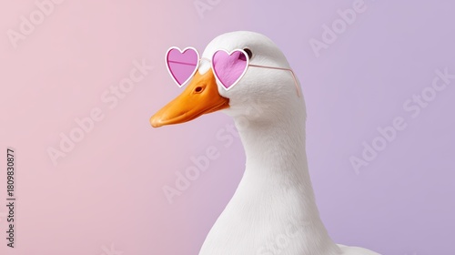 White duck wearing heart-shaped sunglasses poses against a soft pastel gradient background, showcasing a playful and whimsical atmosphere perfect for creative projects