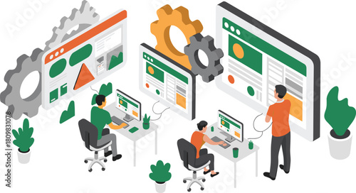 Isometric illustration of team working on website development, web design, and digital interface optimization with teamwork, coding, and collaboration concept