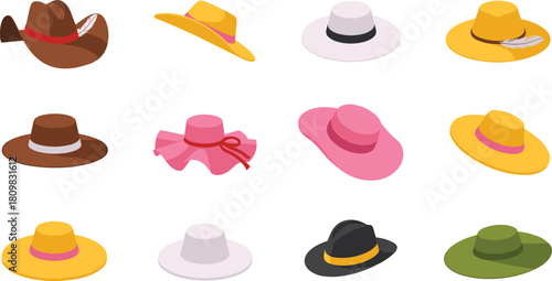 Isometric illustration of twelve different stylish hats including cowboy, sun, wide-brim, and fedora designs in various colors