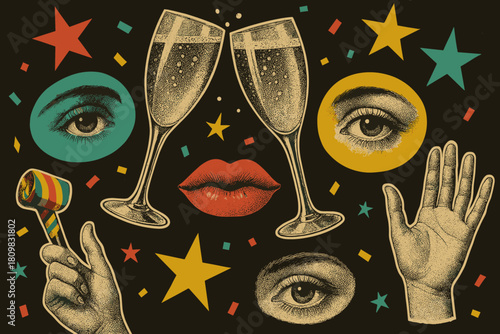 Vintage festive collage with champagne lips hands and stars. Bright colors create joyful celebratory mood. Textured details add expressive retro feeling