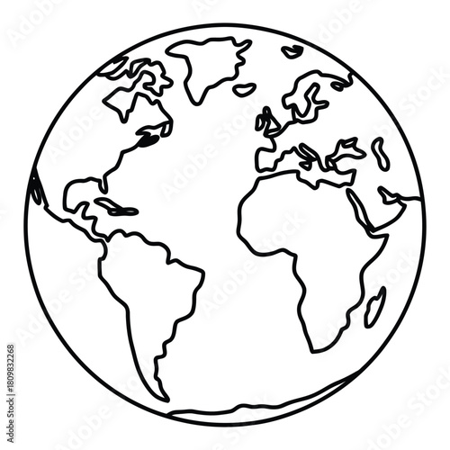 black and white line drawing of globe showing continents and atlantic ocean, ideal for global education, geography, and world concepts