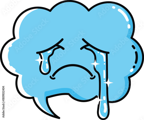 Sad blue cloud crying with tears on a white plain background, cartoon