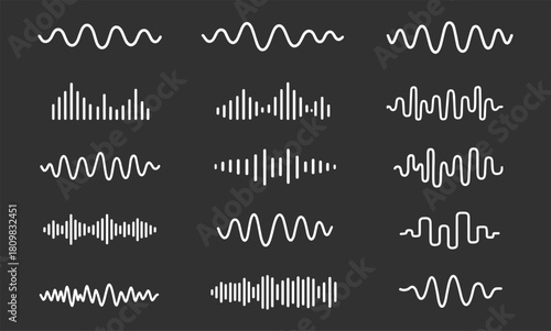 Sound waves sign set, music wave and audio equalizer icons, digital and analog waveform collection for beat frequency signal radio pulse or voice recording graphic