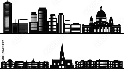 City skyline silhouette collection, urban buildings, historic architecture, modern towers, landmark structures, vector cityscape design for commercial illustration use