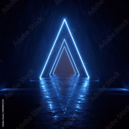 Abstract futuristic glowing neon triangle portal in dark tunnel with water reflection low angle