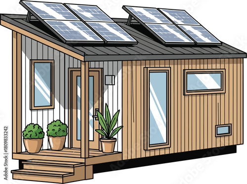 Modern tiny house with solar panels for sustainable living on white