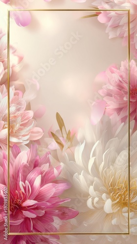 Floral frame with pink and white dahlia flowers soft pastel background elegant gold border for wedding invitation or greeting card