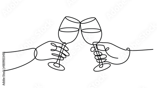 continuous line art of two hands clinking wine glasses in a toast, symbolizing celebration, friendship, and social gathering