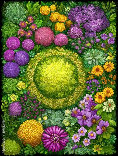 Overhead view of vibrant flower garden featuring purple alliums yellow roses and green foliage in a floral tapestry design
