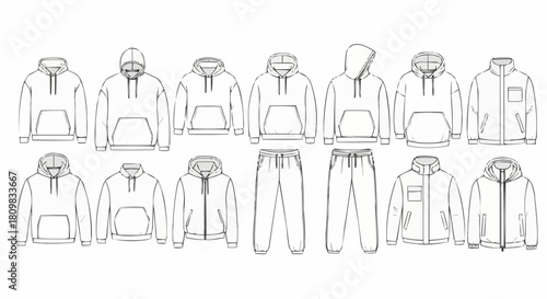 Collection of various hoodie and tracksuit designs in outline sketch.