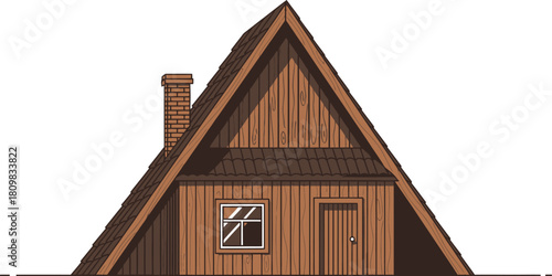 -frame wooden cabin with chimney on white, simple architectural design