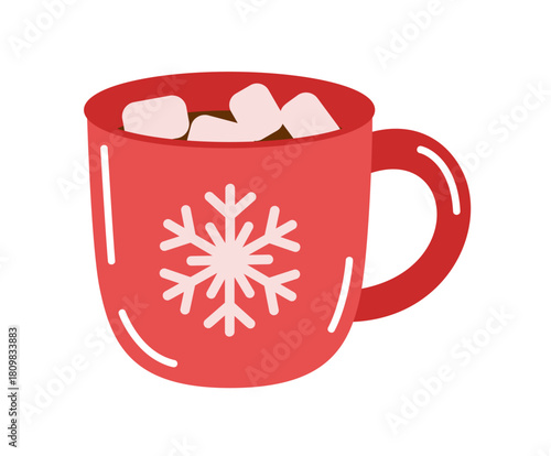 Red mug with cocoa and marshmallows, decorated with snowflake graphic. Colorful flat style vector illustration. Ideal for winter beverages, holiday decor, festive graphics, and seasonal drink menus.