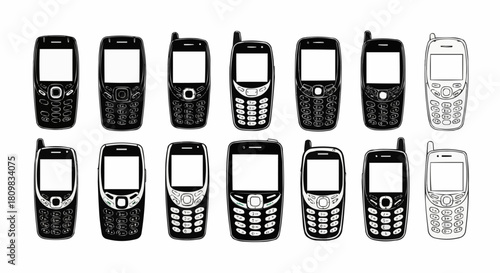 A collection of various old model mobile phones sketch illustration.