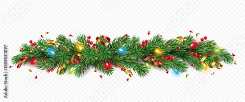 Vector realistic pine tree branches with golden and red confetti, ribbons, berries and lights isolated on a transparent background. Holiday Christmas tree garland for winter decoration banner, poster,