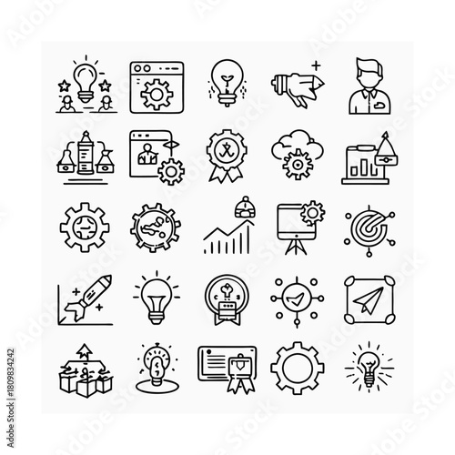 Project startup management business related editable stroke outline icons set isolated flat vector illustration on white background
