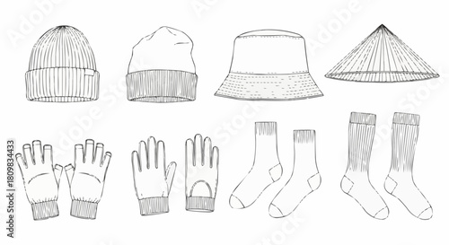 Collection of Hand-Drawn Winter Accessories and Headwear.