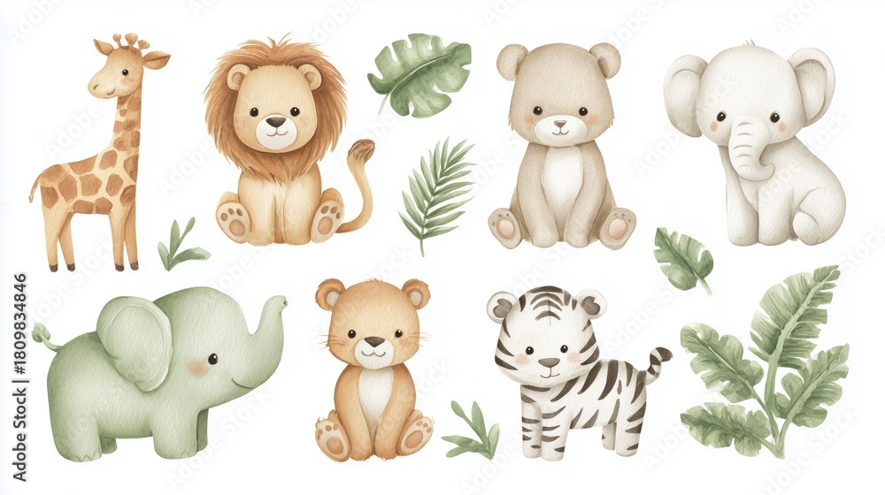 Fototapeta premium Cute Jungle Safari Baby Animals in Soft Watercolor Illustration