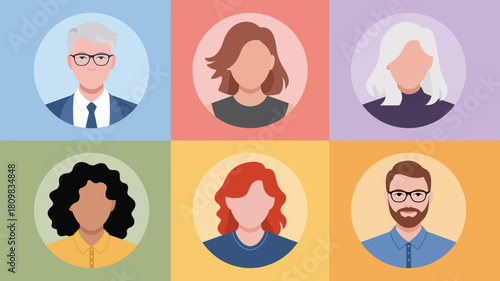 diverse illustrated avatar set of six people in circular frames, showcasing multicultural characters with unique hairstyles and outfits