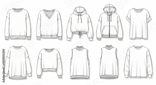 Collection of Fashionable Apparel Line Drawings for Clothing Design.