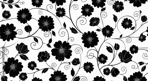 Elegant Black and White Floral Pattern with Swirling Vines.
