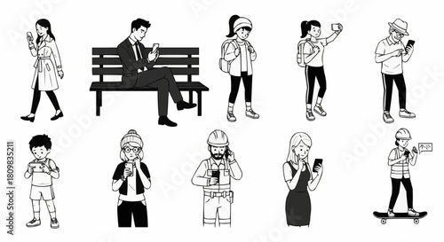Diverse Group of People Engaged with Mobile Phones in Various Settings.
