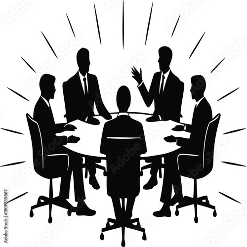 Logo-style monochrome vector of a business meeting, team sitting around a table, clean line art, single color silhouette
