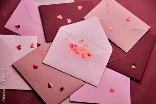 Heart confetti spilling from love letter envelopes
