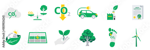 Flat vector icon set for carbon offset programs and ESG sustainability reports. Minimalist design featuring CO2, renewable energy, and net zero concepts.