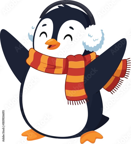 Cheerful penguin with earmuffs and scarf on a white background