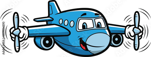 Cheerful blue airplane cartoon character with spinning propellers on white
