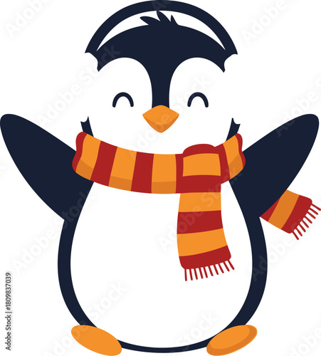 Cheerful penguin with earmuffs and scarf on a plain background