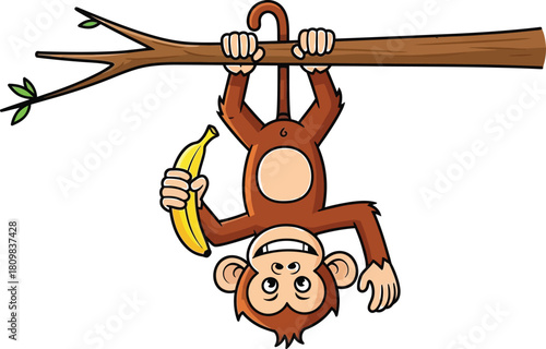 Playful brown monkey hanging upside down from a branch with a banana