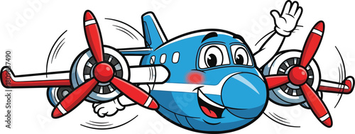 Blue cartoon airplane with red propellers waving on a white background
