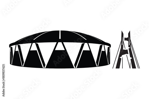 Black and white silhouette of a circus tent and ladder
